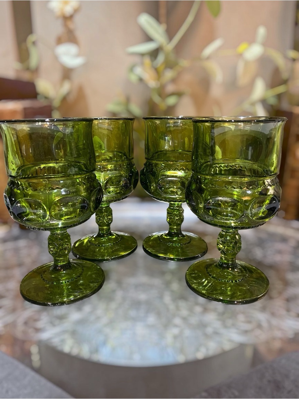 Vintage Indiana Glass Green Kings Crown Thumbprint Goblets Set 4 Water Wine